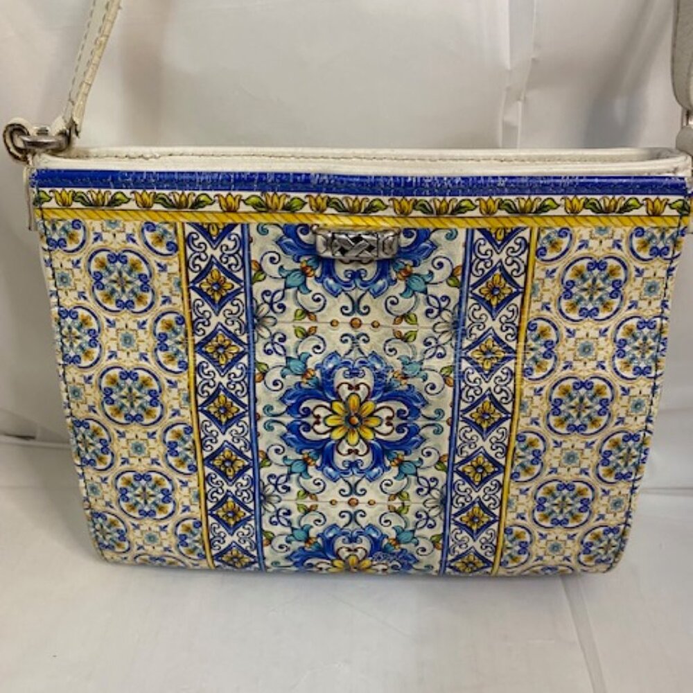 BRIGHTON BELLA LIMONE Flower Embroidered White LEATHER  Crossbody Purse